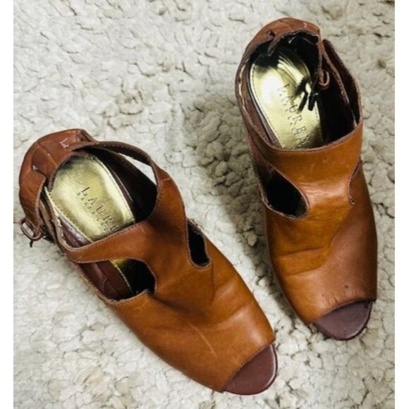 Lauren Ralph Lauren GoldenBrown Leather Peep Toe Adjust Strap Wedge Sandals 7.5 - Picture 2 of 8